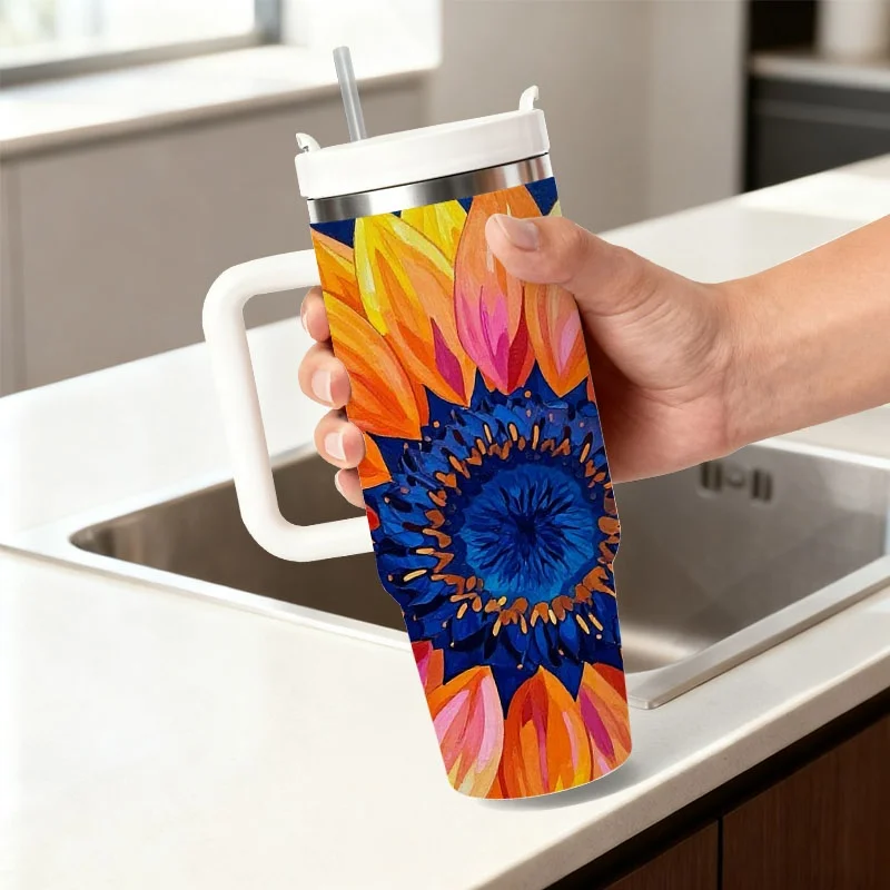 Vibrant Artistic Sunflower Digital Print 40oz Stainless Steel Insulated Tumbler, Bold Colorful Geometric Pattern Water Cup, Reusable Drink Container for Daily Commute & Outdoor Use