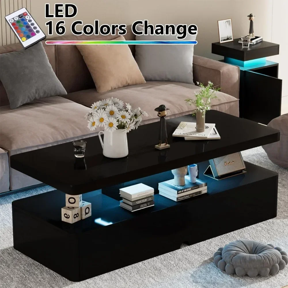 Moderna mesa de café elegante com luzes LED, design de camada dupla, mesa de café verde, 16 cores, móveis pretos, sala de estar