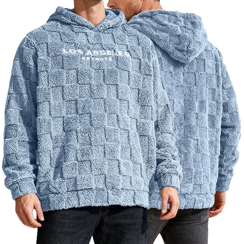 

Men's Light Blue Checkered Fleece Hoodie Printed Casual Warm Pullover