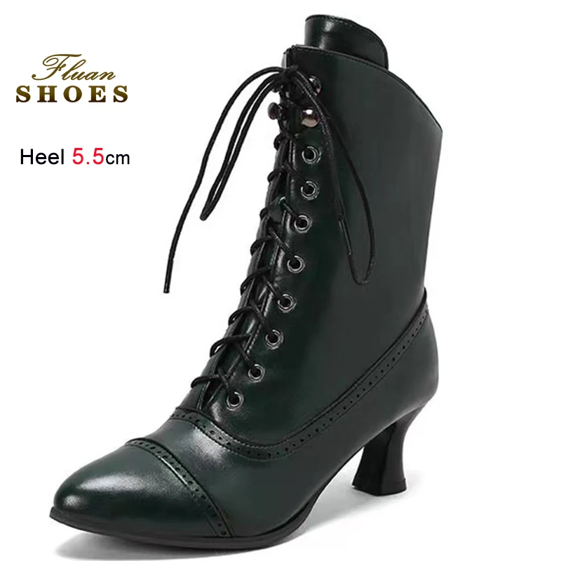

Green Women's Knight Boots Front Cross Lace Up Ankle Boots Pointed Toe Side Zipper Female Boots Chunky Soled Short Boots Size 44