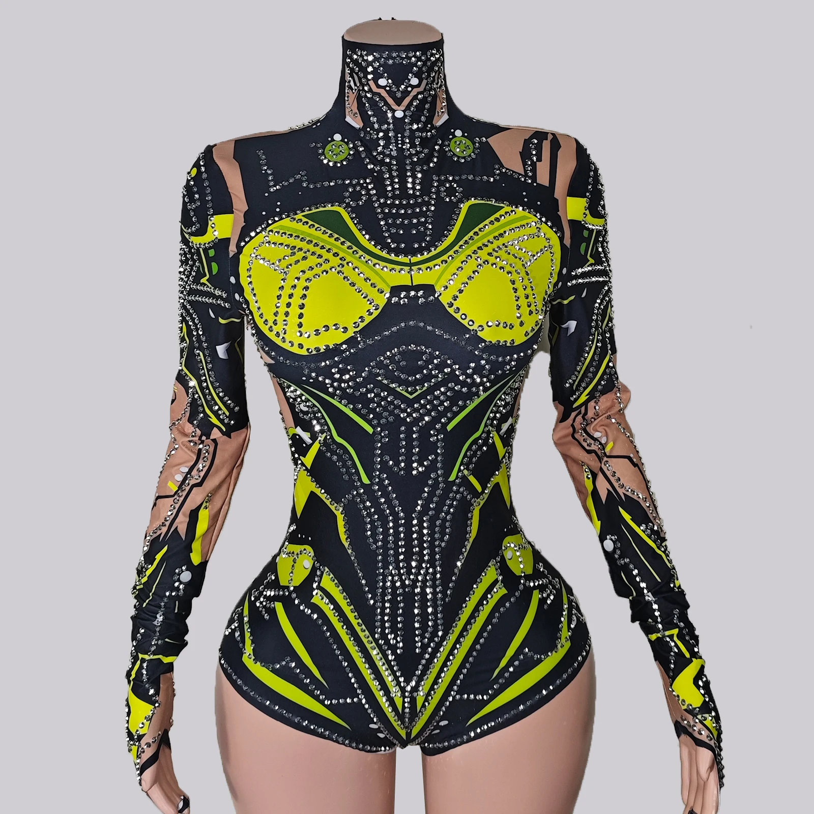 

Sexy Green Bodysuit Stretch Long Sleeve Performance Group Show Outfit Dance Suit Women Gogos Costume Party NightClub Singer Wear