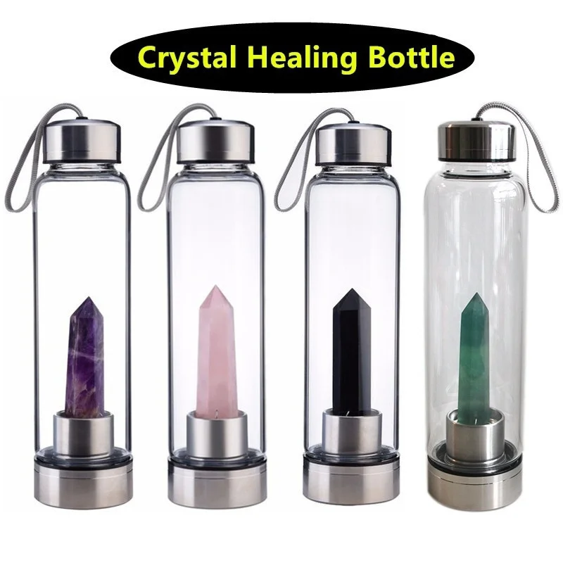 1Pc Natural Crystal Healing Water Bottle Crystal Glass with Gemstone Center and Natural Crystal Point Healing Elixir Bottle