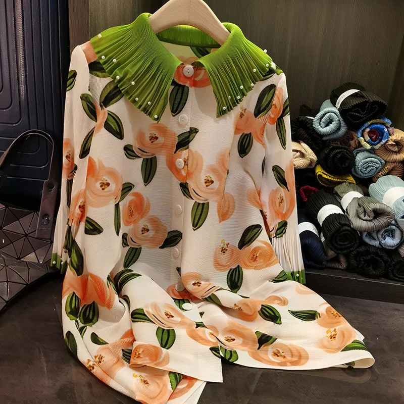 Miyake geplooide jurk High-end leeftijdsverlagende kralen poppenkraag shirtjurk ontwerp bedrukt plus size plooijurken met enkele rij knopen