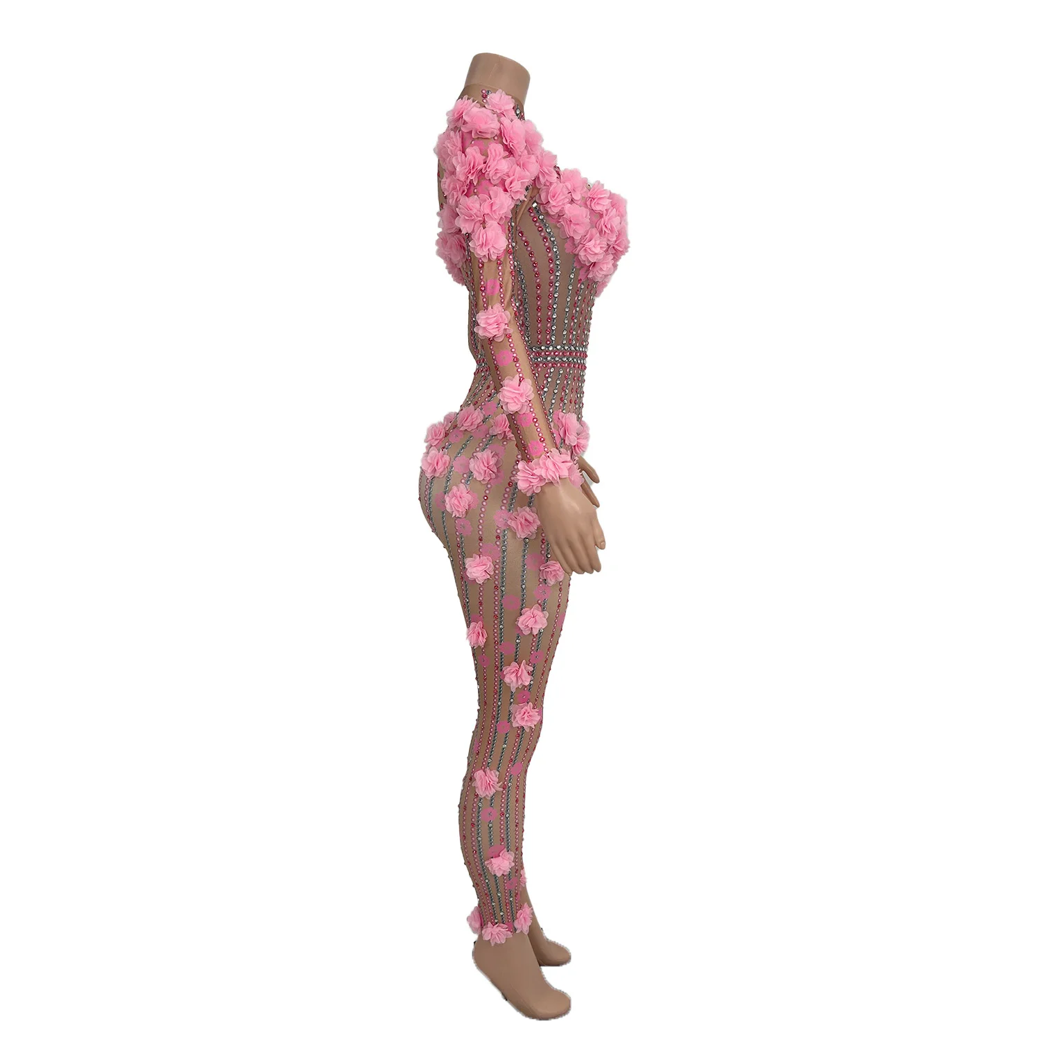 Fashion Flower Rhinestones Long Sleeve Jumpsuit Women High-end Nightclub Party Performance Dance Tight Fitting Outfit Huaduoku