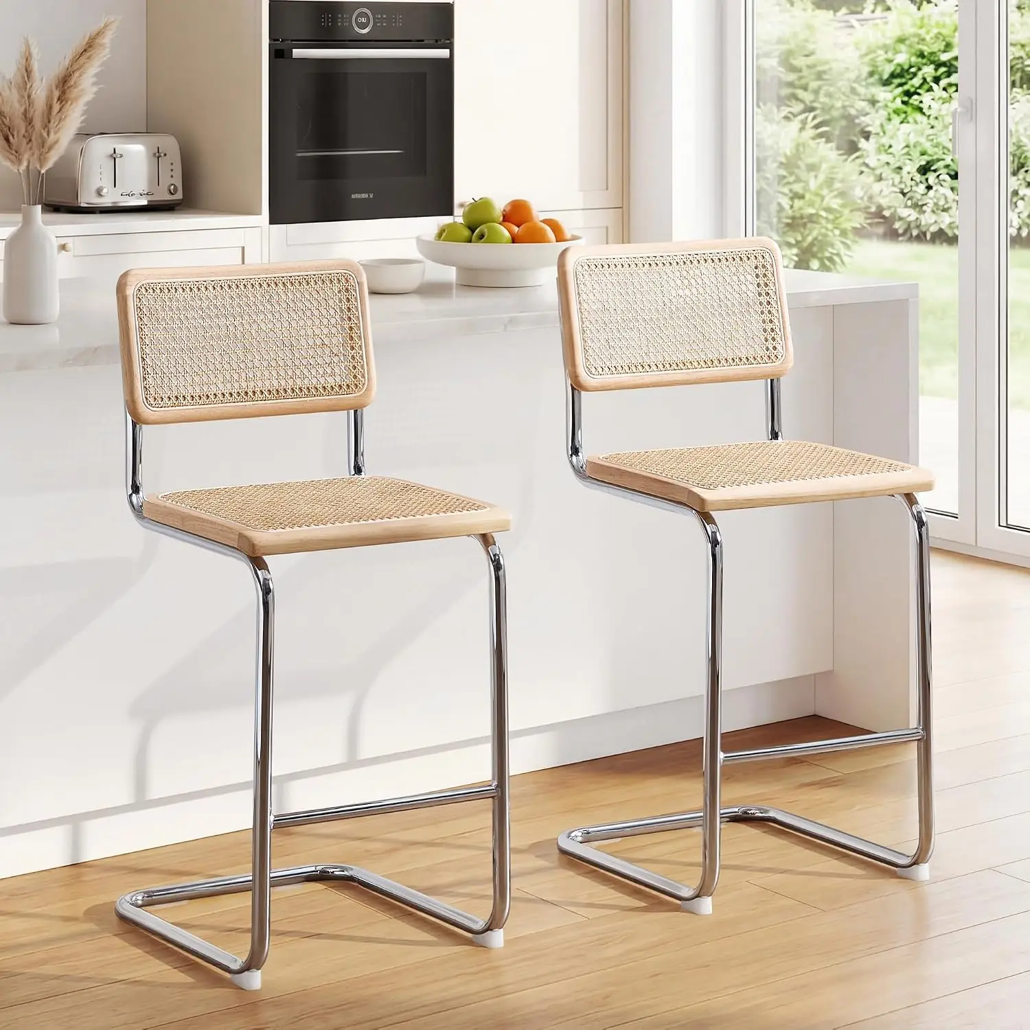 Natural Rattan Counter Stools with Cane Back, 24 Inches Mid Century Modern Cesca Bar Stools, Rustic Bar Stools with Metal Frame