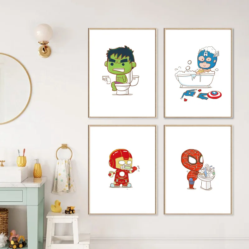 Marvel Cartoon Superhero Spider Man Iron Man Poster Bathroom Decor Kids Boys Gift Canvas Painting Funny Toilet WC Sign Art Print