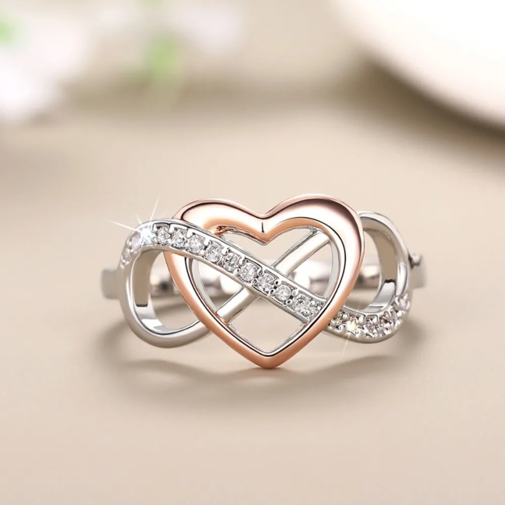 Simple Trendy Micro-inlay Zircon Double Color Infinity 8 Hollowed-out Heart-shaped Ring for Women Stainless Steel Finger Jewelry