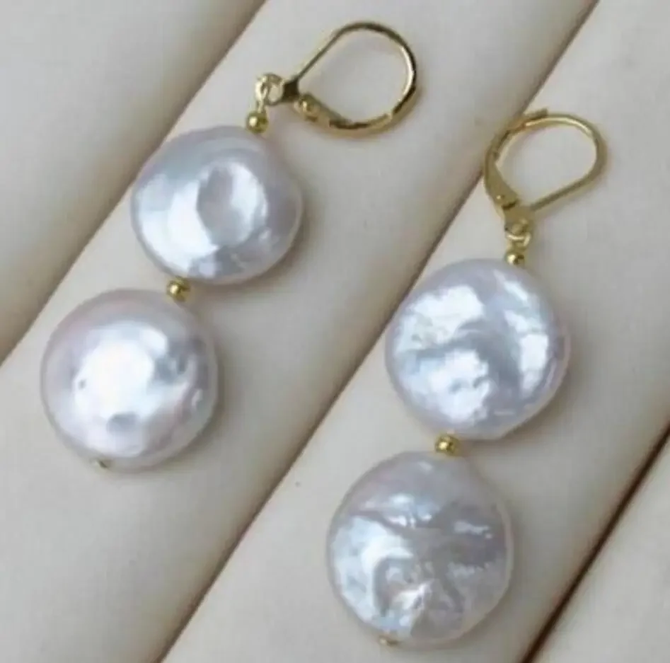 

noble jewelry 14K GOLD PAIR OF 15-16MM south sea WHITE COIN PEARL DANGLE BAROQUE EARRING