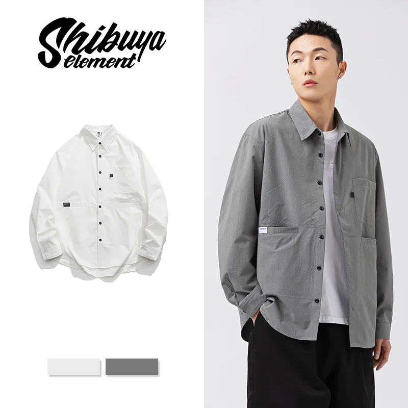 Spring New Casual Solid Color Lapel Shirt Men's Trendy Brand Couple Shirt Minimalist Large Pocket Versatile Jacket