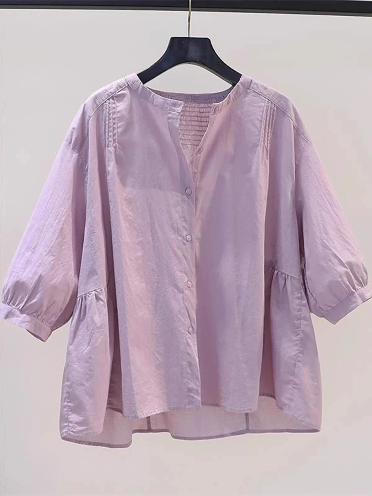 

French Vintage Shirts O Neck Three Quarter Sleeve Pleated Solid Color Blouses 2025 Spring Summer Loose All Match Women Clothing