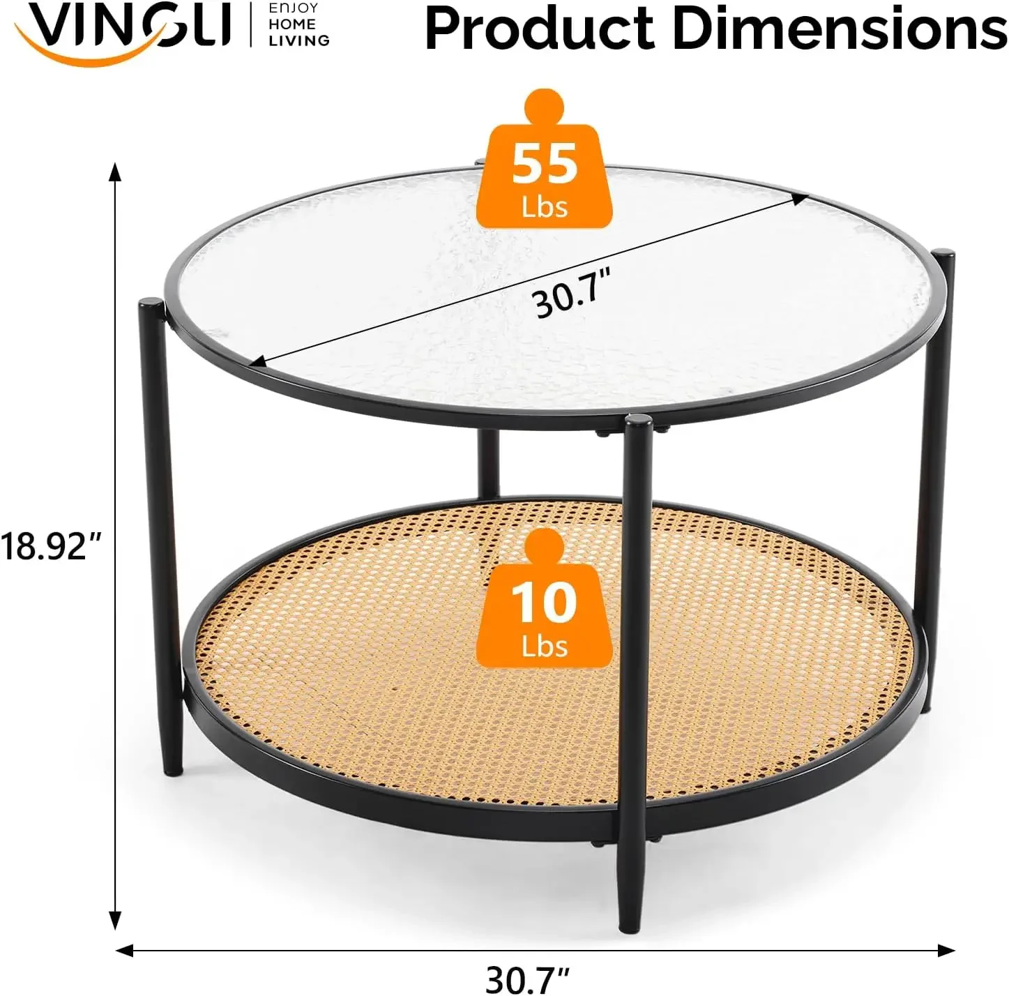Modern Two-Tier Glass Coffee Table with Rattan Shelf for Home Decor and Storage, 30 Inch Round Living Room Furniture