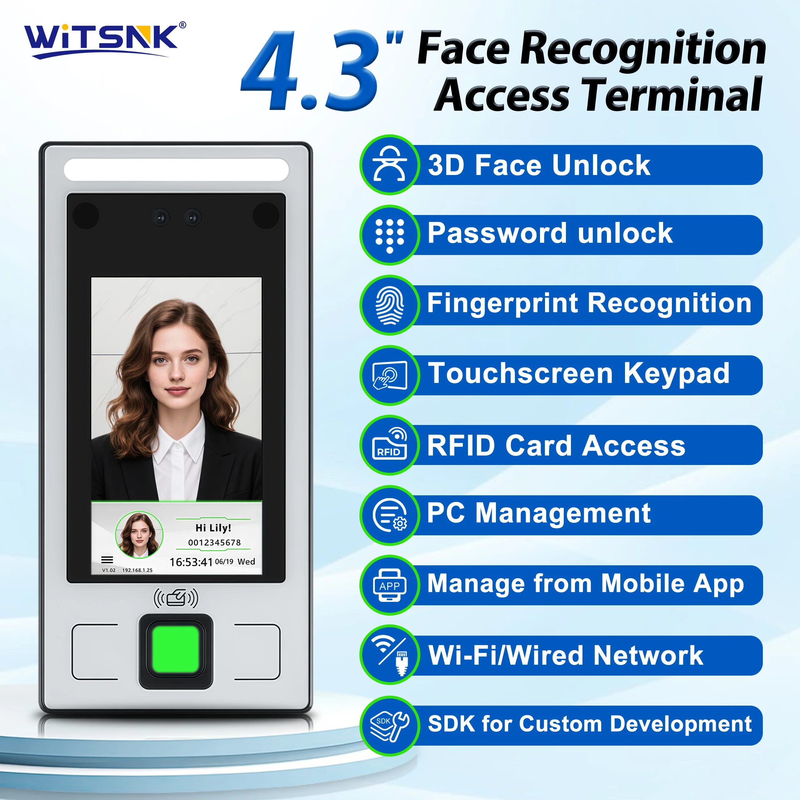 Face Recognition Access Control Time Attendance Machine 4.3 Inch IPS Touch Screen Fingerprint RFID Card Password Multi Verificat