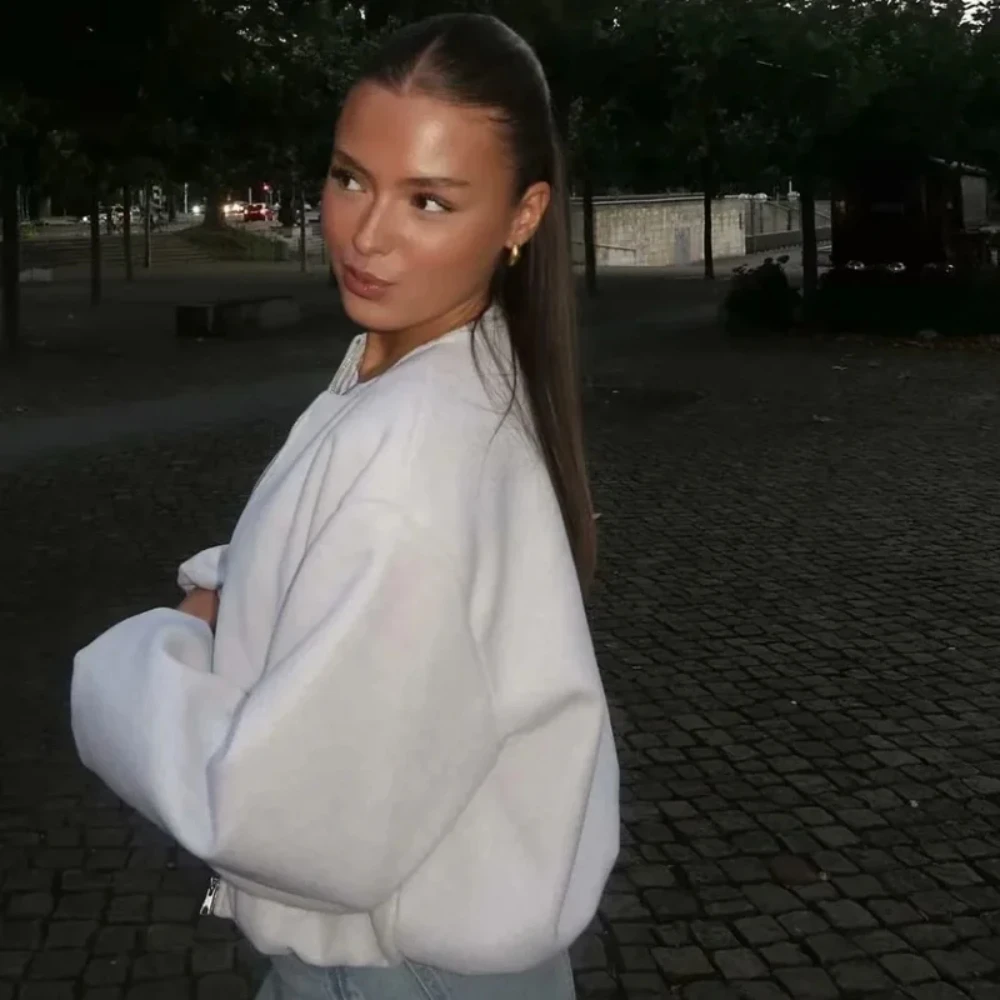 TR Outerwears Cropped Bomber Jacket Women Autumn Long Sleeve Faux Wool Coats For Woman Winter Zip Up Gray Short Coats Japan Kore