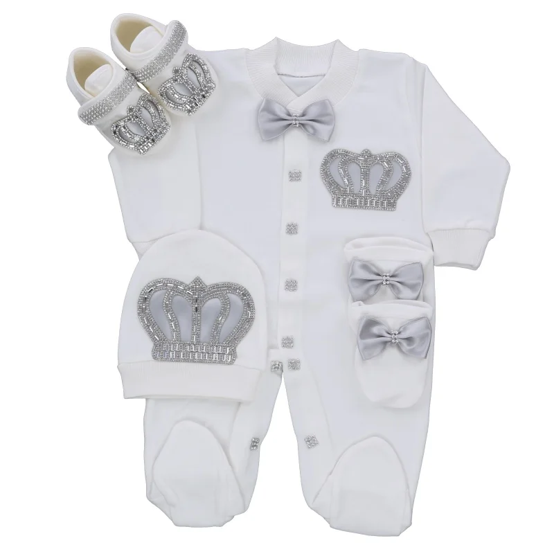 Newborn Baby Footed Romper 0-9 Months 4Pcs White Silver Rhinestone Crown Bow Long Sleeve Jumpsuit Prince Royal Boutique Baby Sho