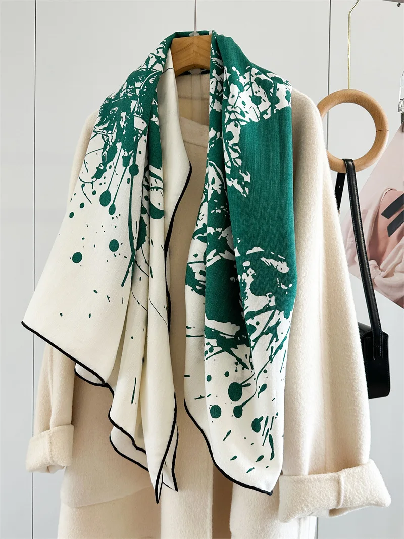 60% Wool 40% Silk Women's Scarf Double‑Sided Silk‑Wool Shawl Wrap Green Ink Splash Abstract Art Print Soft Warm Neck Scarf