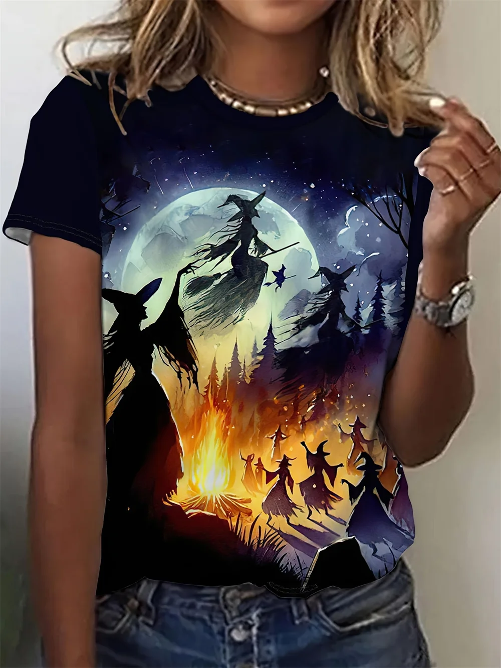 

2025 Witch Pattern Women's T-Shirts Casual Short Sleeve3d T-Shirt Fashion Top Tee O-Neck Female Clothing