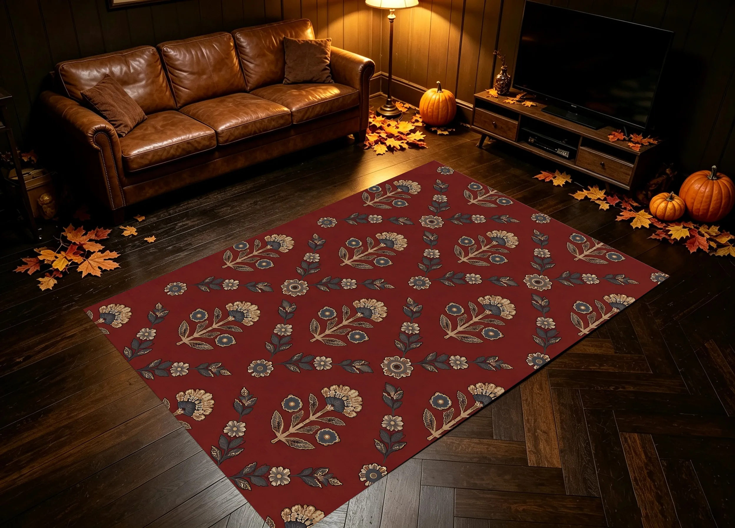Retro Dark Red Symmetrical Floral Ethnic Velvet Rug for Christmas and New Year, Living Room, Bedroom and Entryway, Warm-Toned