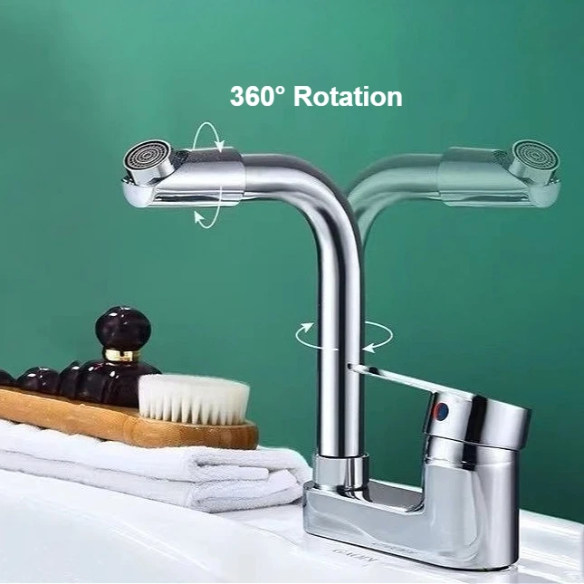 

Bathroom Wash Basin Double Hole Hot and Cold Water Faucet Alloy Universal Rotating Household Cold Hot Basin Mixer Faucet
