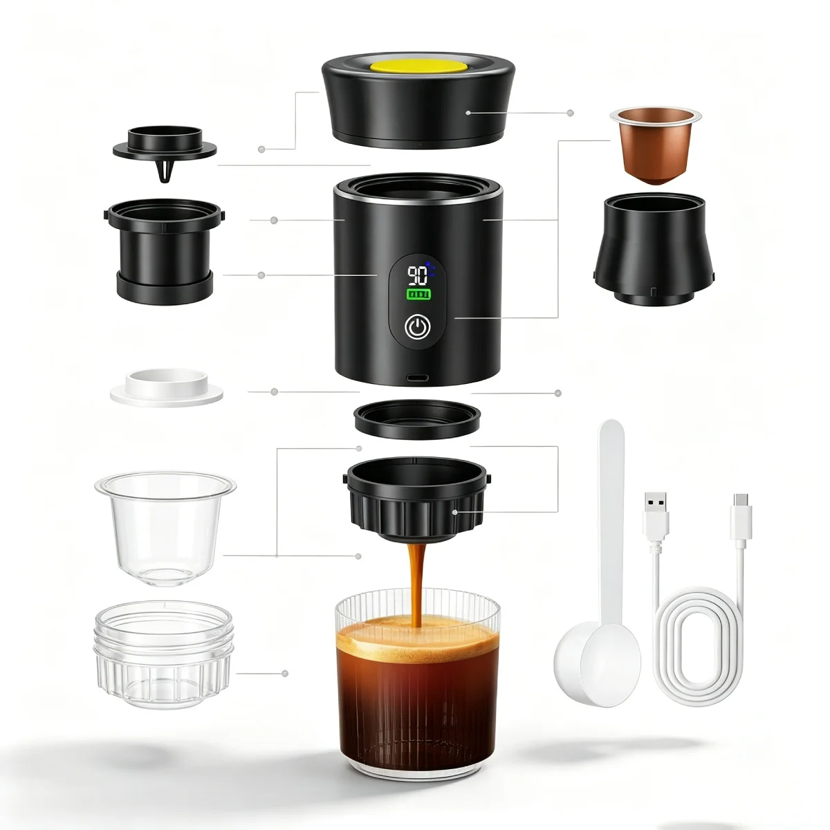 Elektrische Espressomaschine 3-in-1 Kapselmaschine, Tragbare Mini-Kaffeemaschine, Kompatibel mit Kaffeekapseln/Kaffeepulver