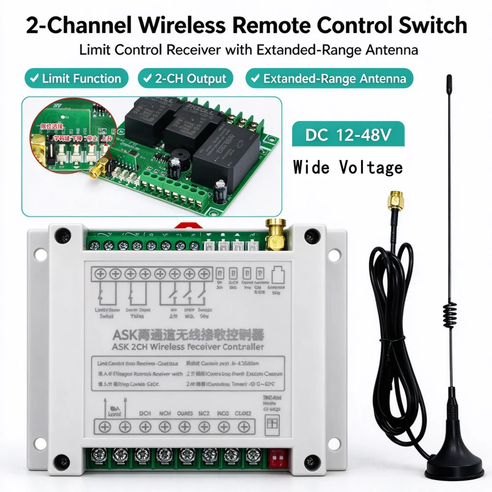 2-channel wireless remote control switch  DC12V 24V 36V 48V 30A RF relay receiver for garage doors water pump motors LED lights