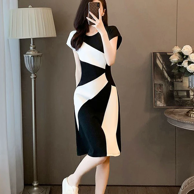 2024 Summer New Elegant Fashion Patchwork Midi Vestido Women Temperament Short Sleeve A-line Robe Ladies Casual Waist Slim Dress
