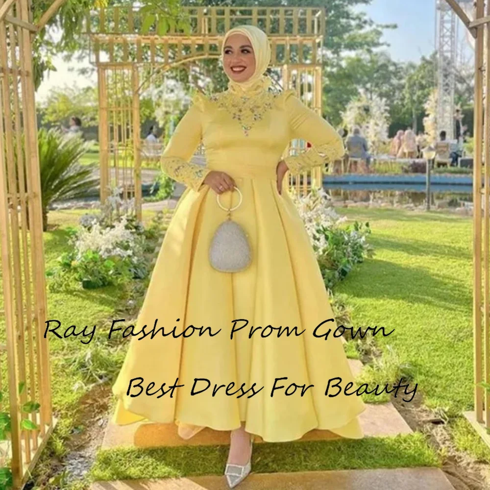 Gaun Prom garis A anggun Satin dengan lengan panjang leher tinggi kristal dengan gaun malam Formal gaun malam