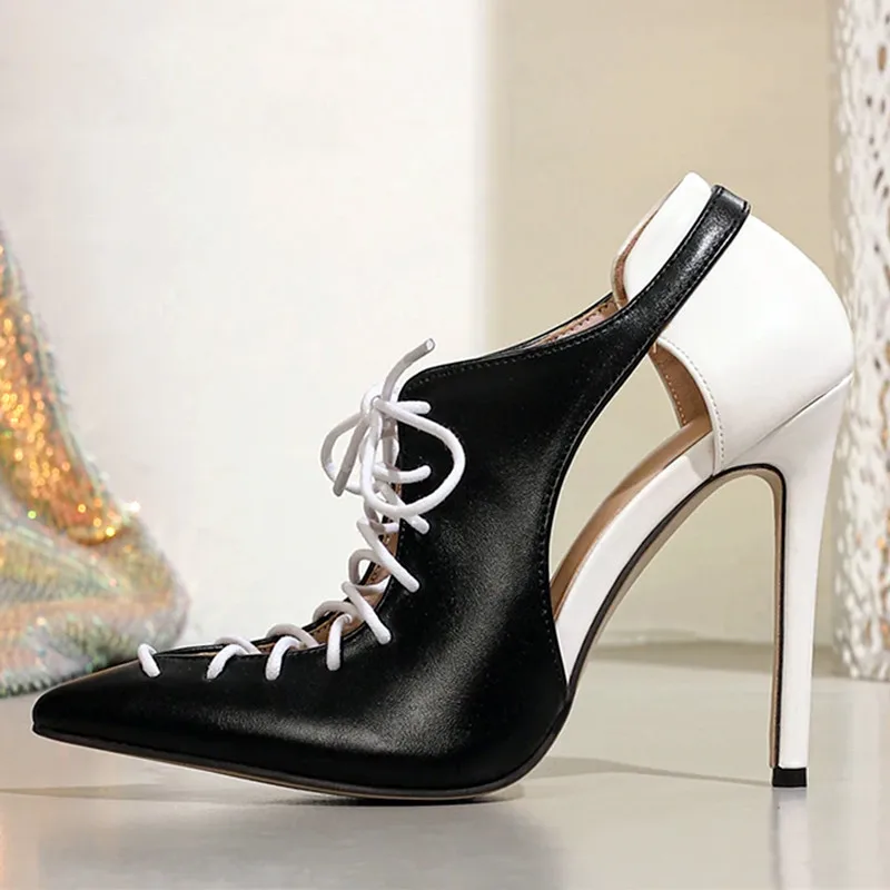 

Novelty Patchwork Design Gladiator Sandals Women Sexy Pointy Toe Cross Lace Up High Heels for Ladies Elegant Party Office Shoes