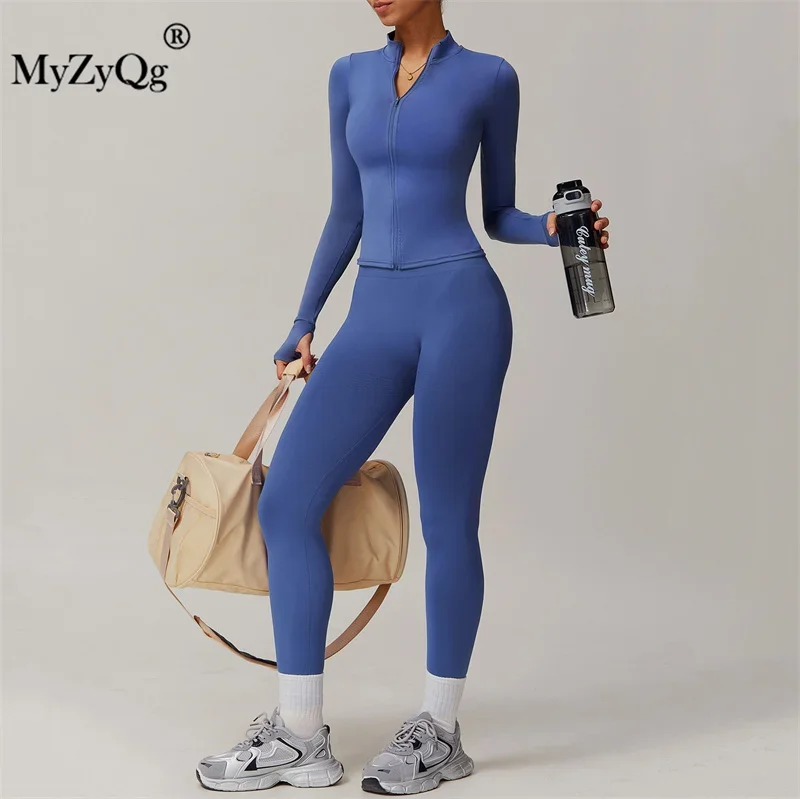 MyZyQg Women Long Sleeve Jackt Pant Set Sports Outerwear  Outdoor Running Fitness Sports Workout Coat Leggings Suit