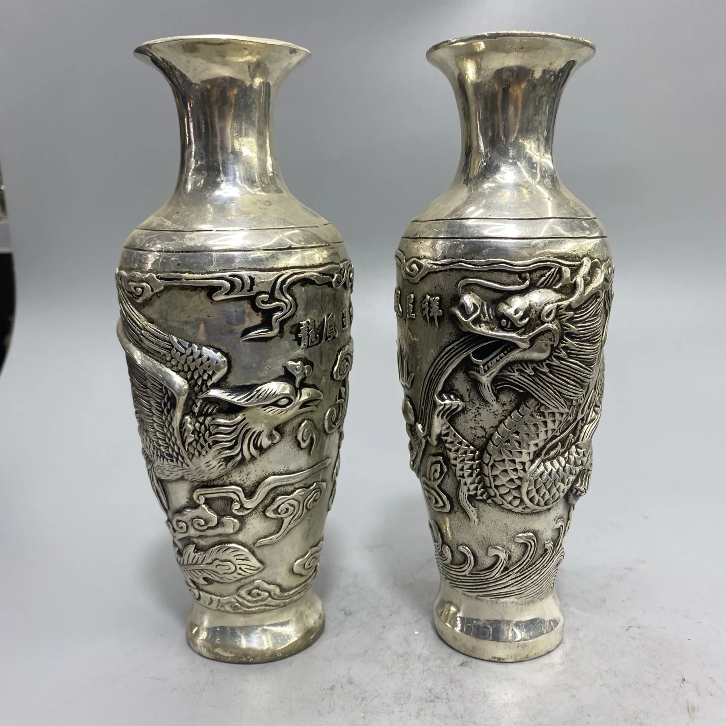 Old Bronze Gilded Silver Dragon and Phoenix Pattern Plum vase Big mouth bottle A Pair Amass wealth Ornaments Town house