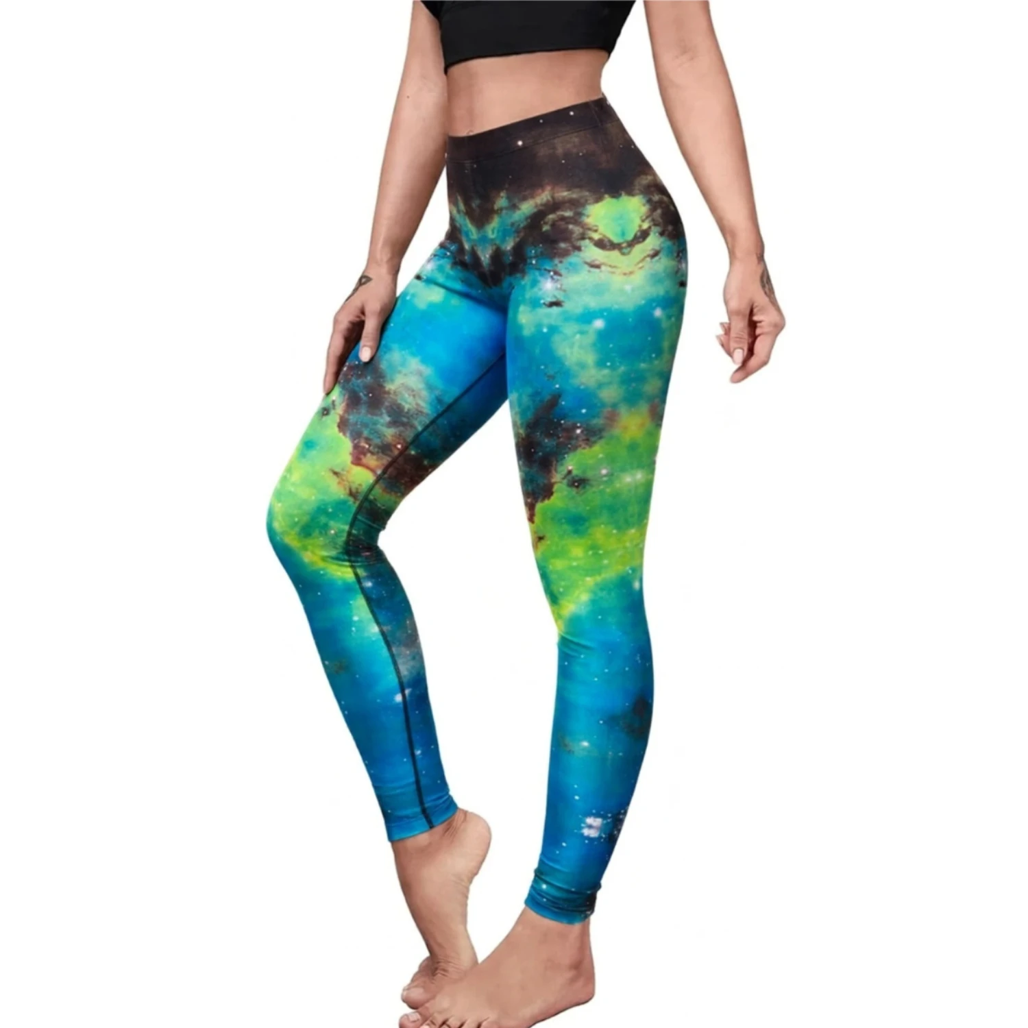 Womens 3D Digital Print Leggings Blue Green Watercolor Galaxy High Waisted Stretchy Skinny Yoga Pants