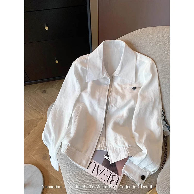 

Fashion High-Grade White Linen Polo Collar Jacket For Women 2024 Early Autumn Winter New Old Money Style Loose Casual Jacket