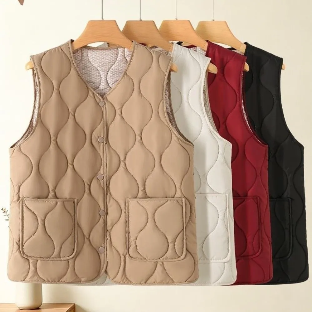 Fashion Snap Button Women's Vest Warm Cotton Fill Plus Size Cotton Vest Sleeveless Loose Waistcoat Casual Daily Wear