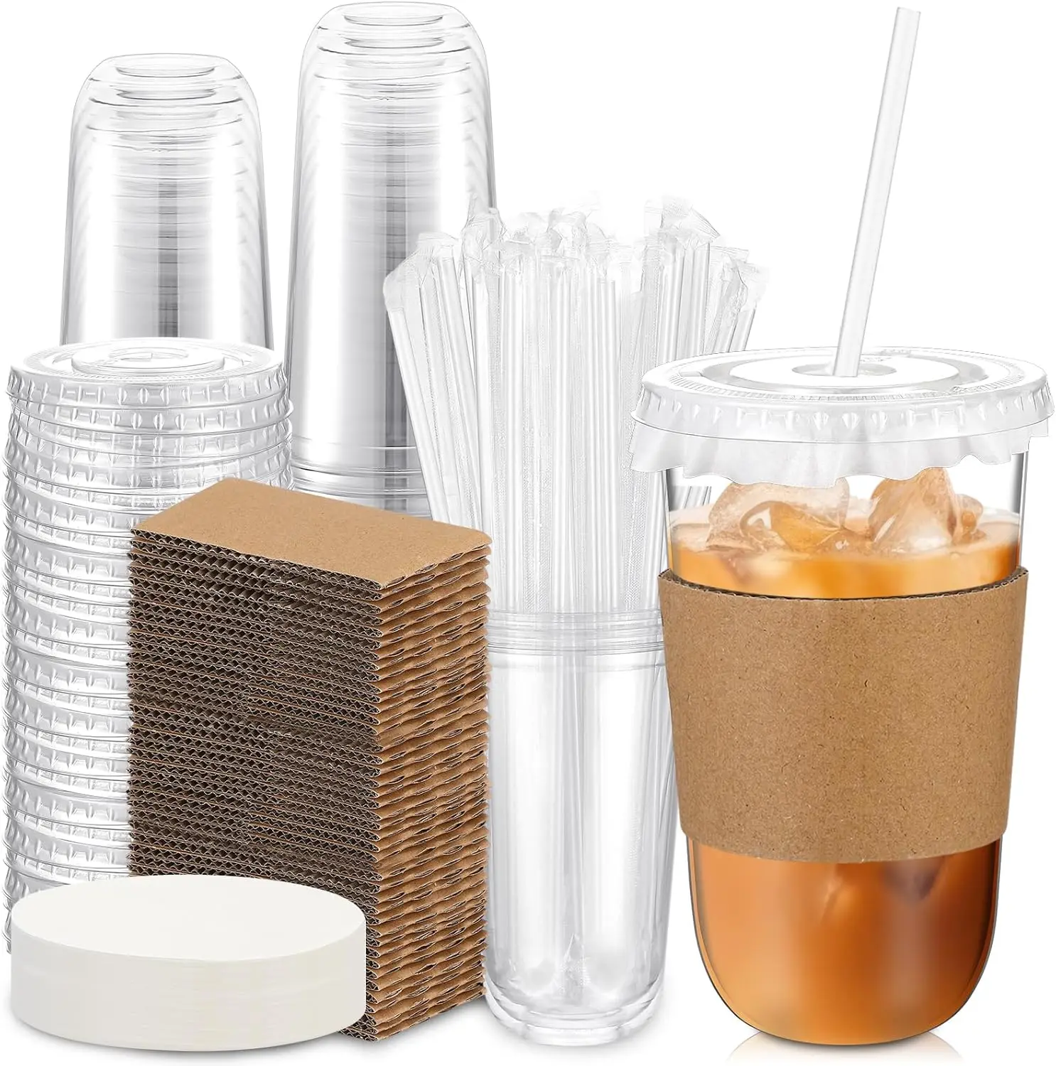 

50 Sets Clear Plastic Coffee Cups with Leak-proof Paper, Cup Sleeves, Lids, and Straws, Disposable PET Cups for Iced Cof