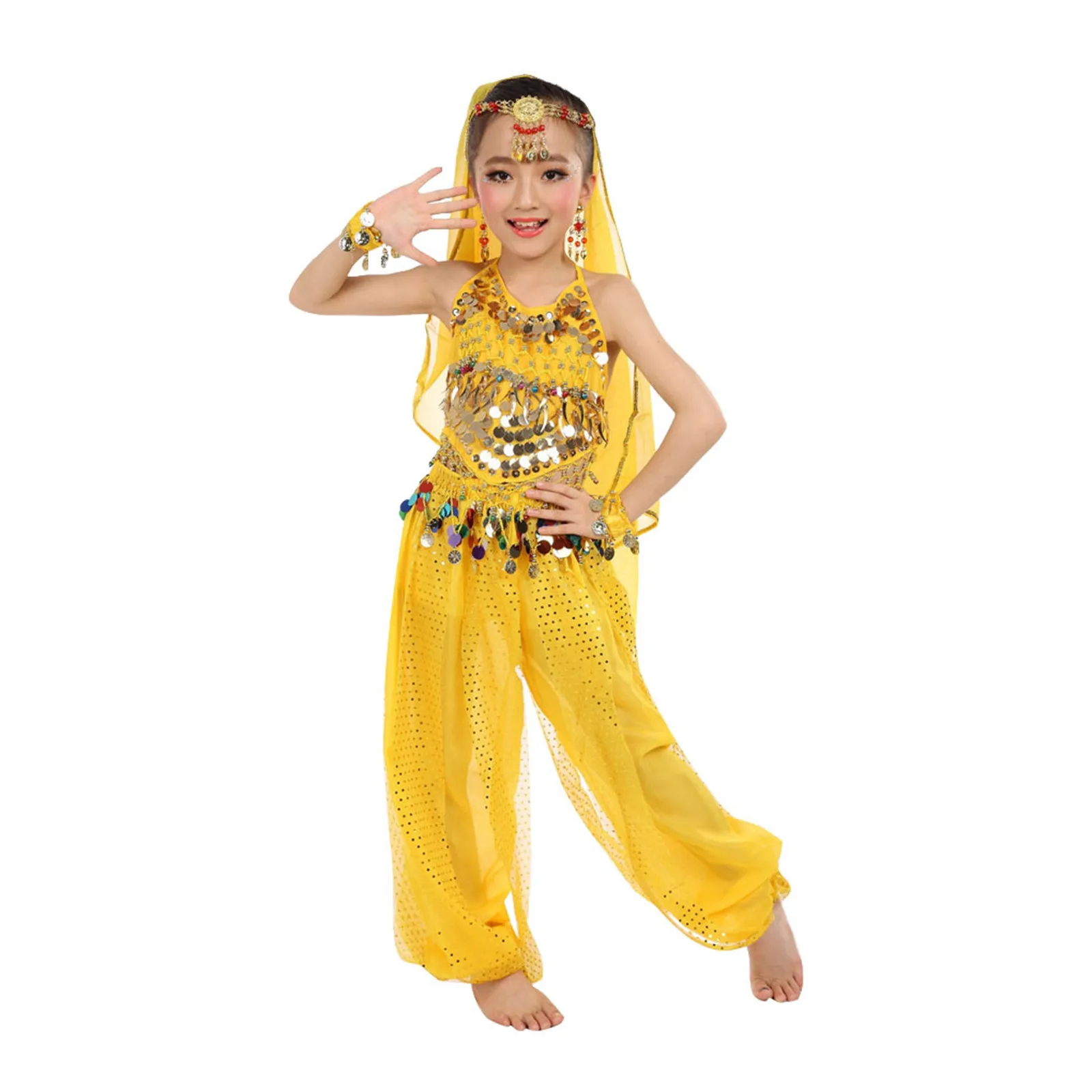 

Children's Performance Costumes Belly Dance Stage Accessories Tianzhu girls Indian Dance Five-piece Set Waist Chain Coin Sequins