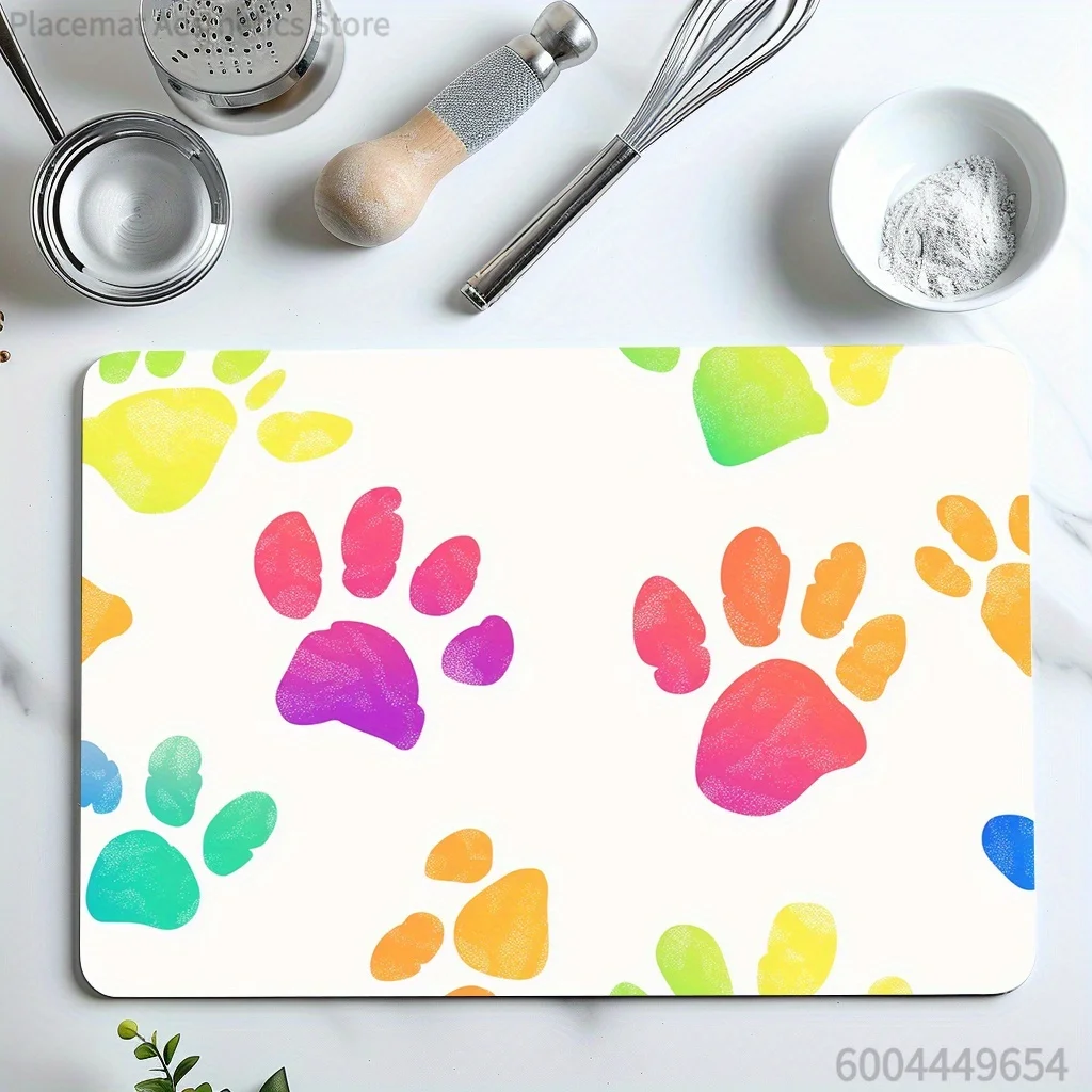 Watercolor Tulip Minimal Flower Colorful Paw Print Absorbent Drying Mat, Waterproof Non Slip Decor Kitchen Counter Placemat