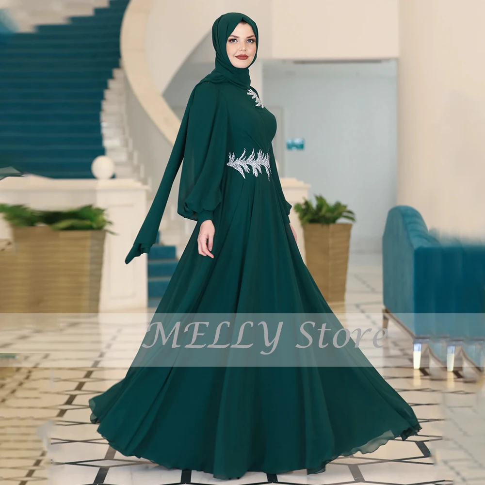 Formal Evening Dresses High Neck Puff Sleeves Prom Dresses With Crystal Chiffon A-Line Floor Length فساتين مناسبة حسب الطلب