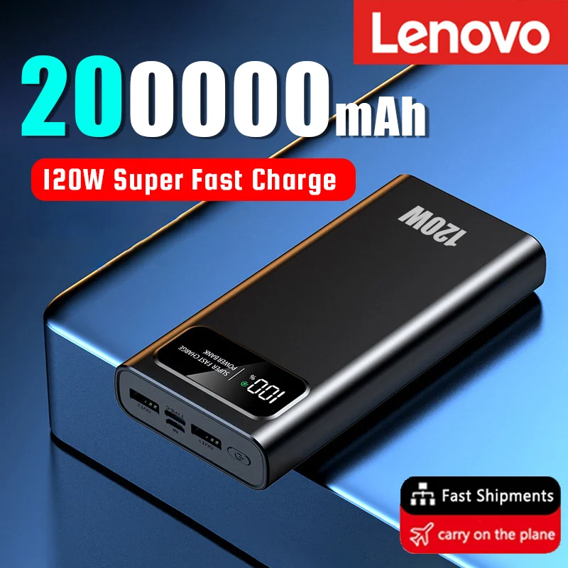 Lenovo 200000mAh Ultralarge Capacity 120W Super Fast Charging Power Bank Mobile Power External Battery For Iphone Xiaomi Samsung