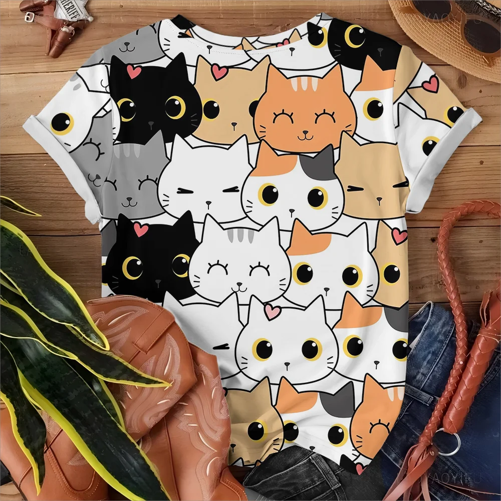 Cute And Playful Cartoon Cat Pattern Women's Fun T-shirt Fashionable And Comfortable White Short Sleeve - Image 5
