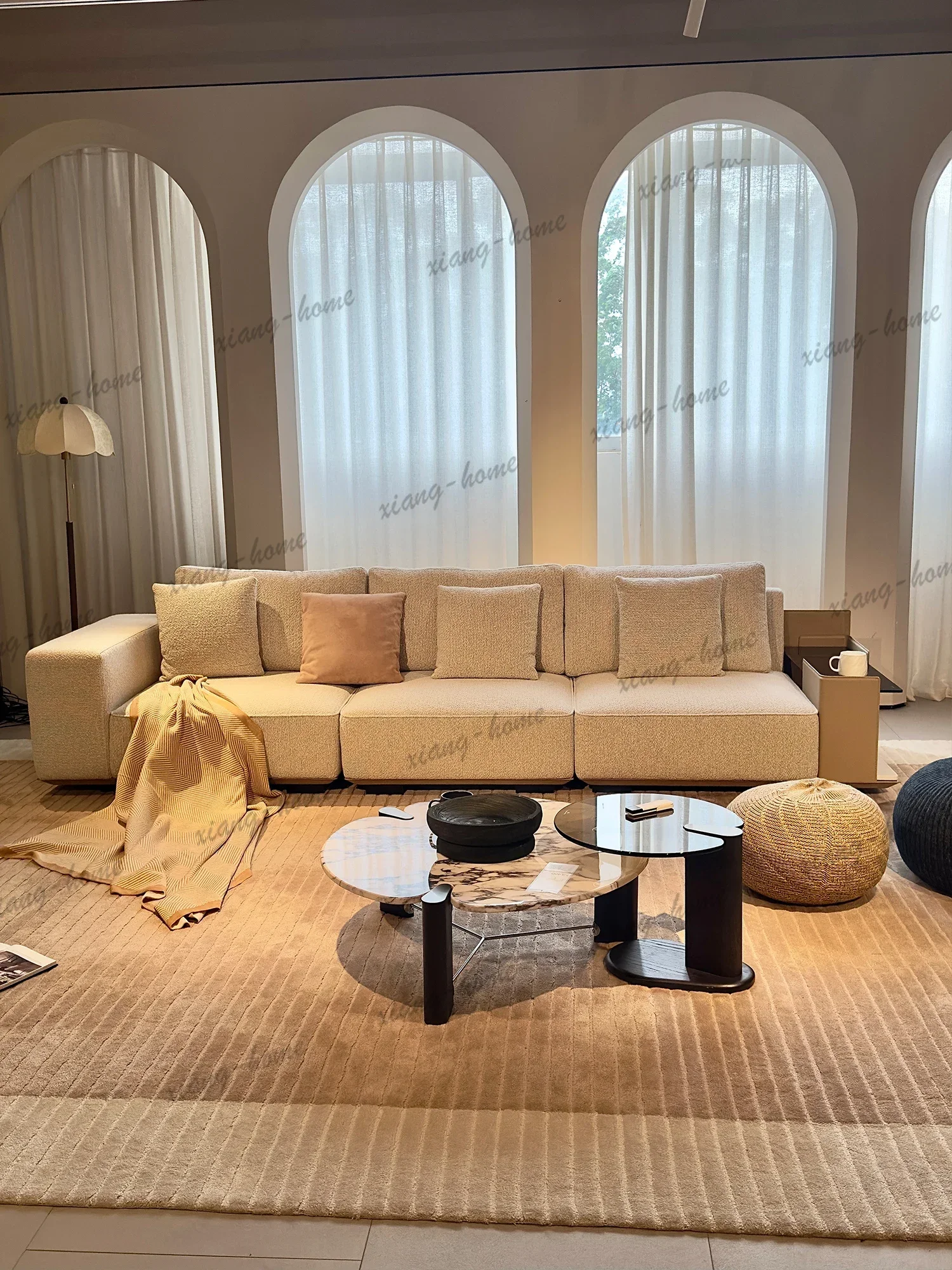 Oatmeal Boucle Modular Sectional Sofa Built In Side Table Pillow Backrest Deep Seat Scatter Pillows For Living Room Villa Home