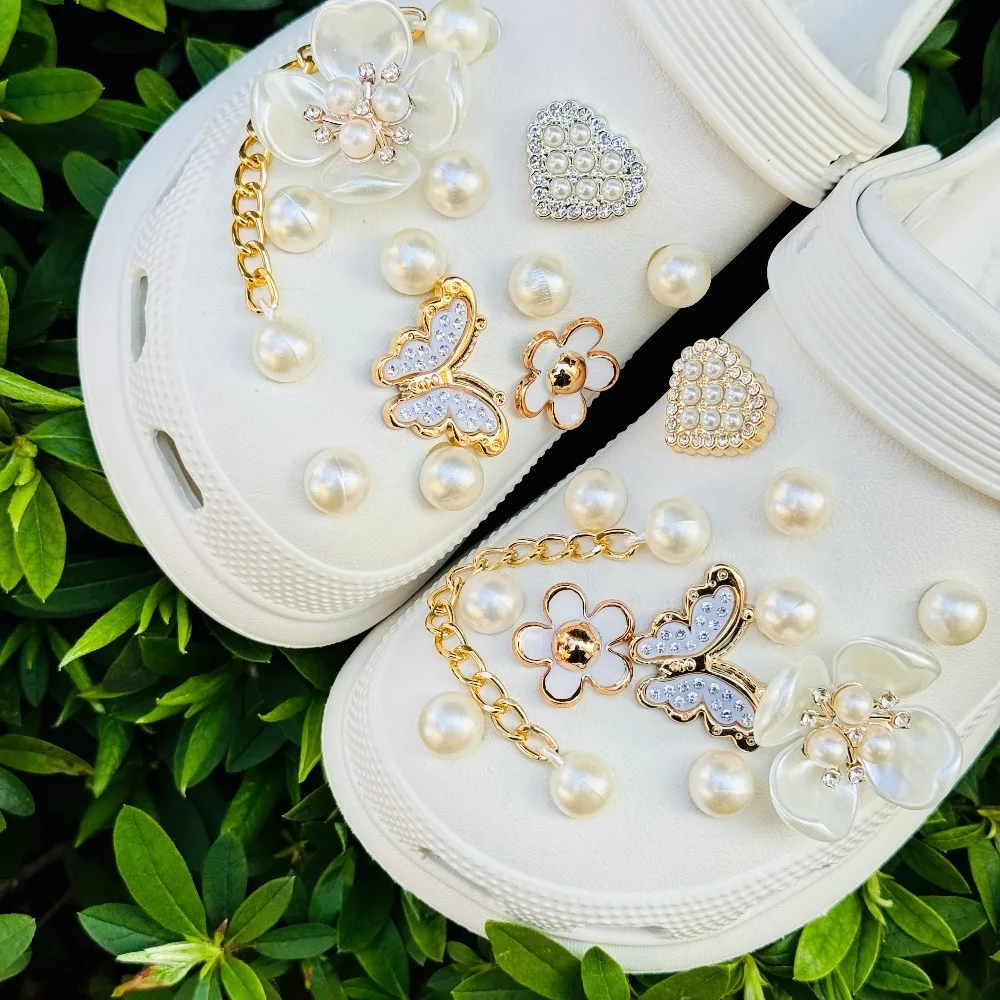24PCS Summer Fashion Shoe Charms Set Accessories for Clogs Shoe Buckle Butterfly Pearl Flower Chain DIY Shoes Decorations image 4