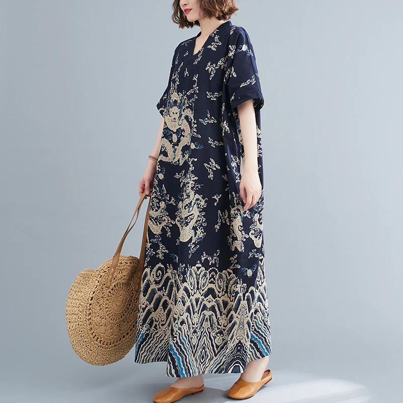 Vestido Midi de lino y aodón de talla ande con cuello en V por encima de la rodilla, vestido estampado hoado para mujer...