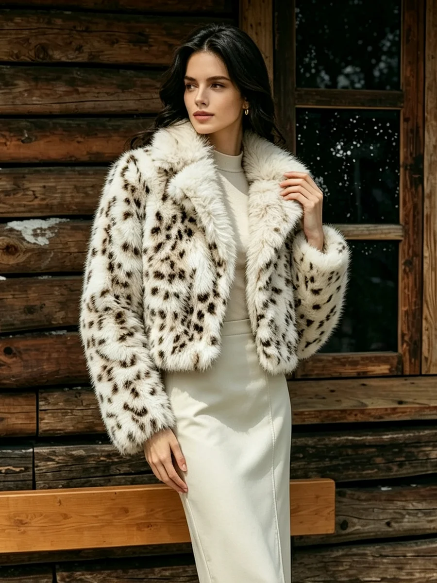 RU Women Leopard Print Faux Fur Cropped Jacket Wide Collar Long Sleeve Fluffy  Winter Party Outerwear