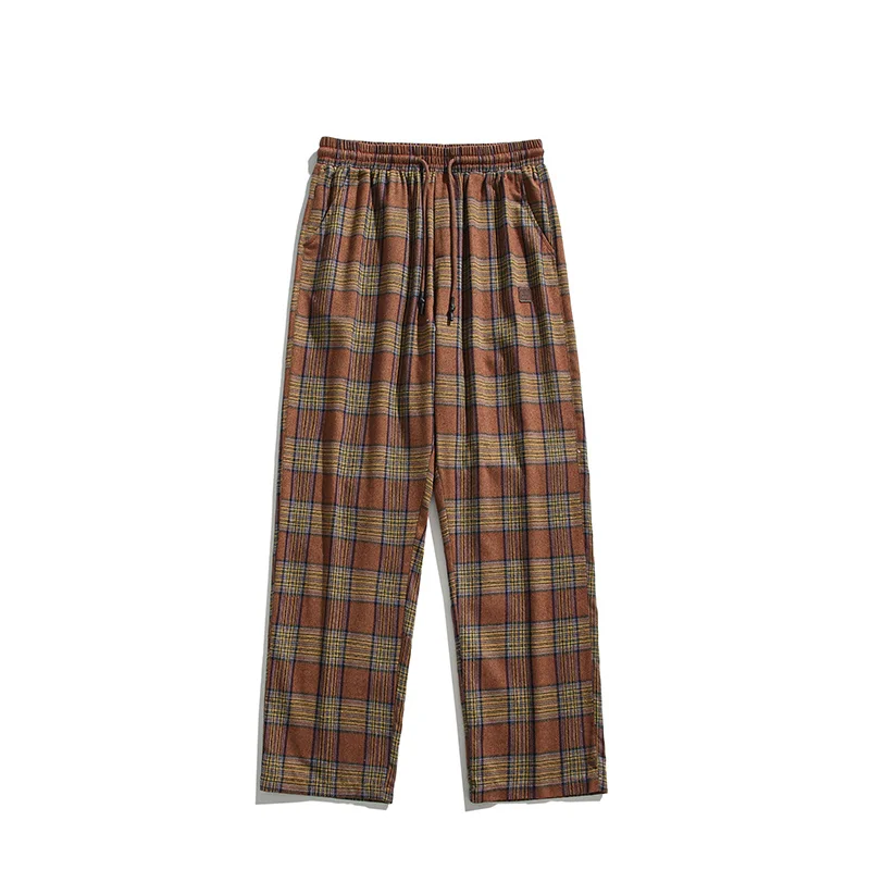 

Autumn Men's Plaid Pants Drawstring Wide Leg Straight Trousers Japan Style Vintage Casual Loose Checkered for Man