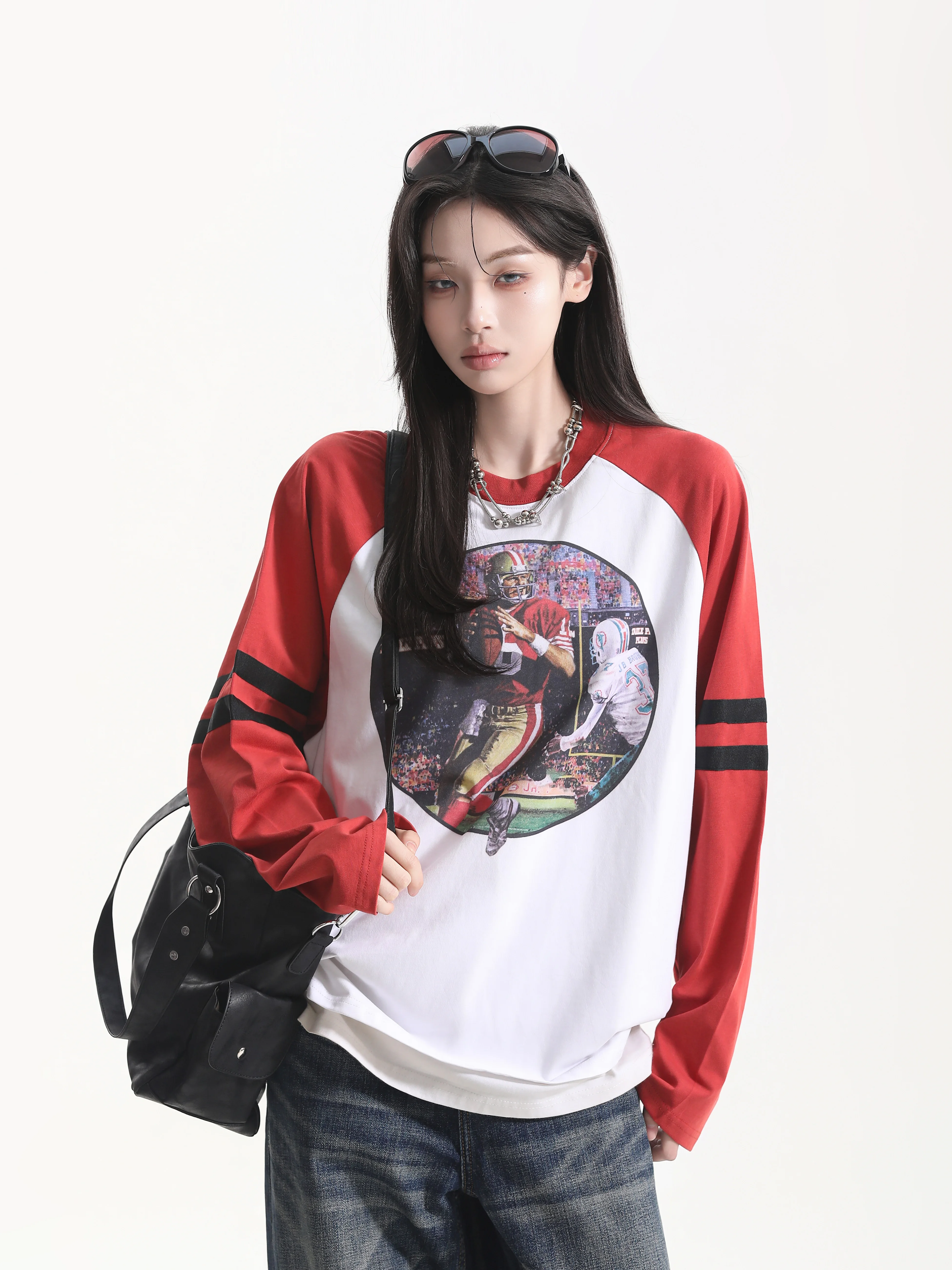 Oversize Vintage T-Shirt Women's round Neck Shoulder Sleeve Splicing Printed Casual Long Sleeve Cotton Top for Young Women