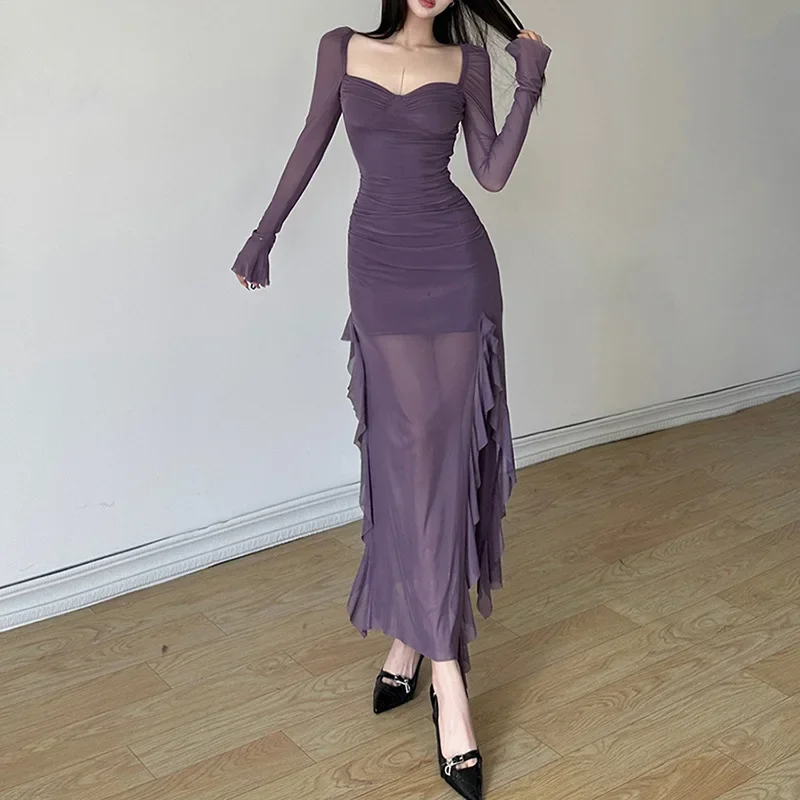 

Winter Party Queen Purple Mature Sexy Beautiful Confident Elegant Graceful Women'S Translucent Thin Straight Dress