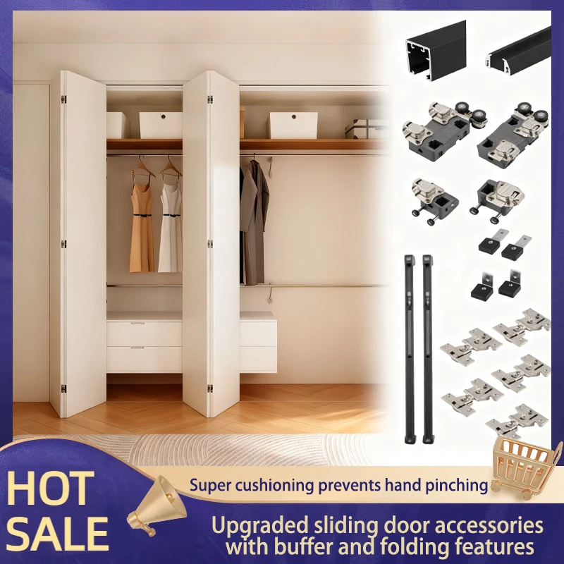 Complete Wardrobe Folding Door Hardware Kit With Free Folding Sliding Wheels And Hanging Rail Track For Push Pull Doors