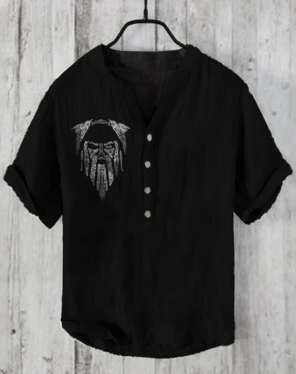 Men's Shirt National Style 3D Printing Viking Men's Fashion Plus Size Button Stand Collar Short Sleeve T-Shirt Men's T-Shirt Top