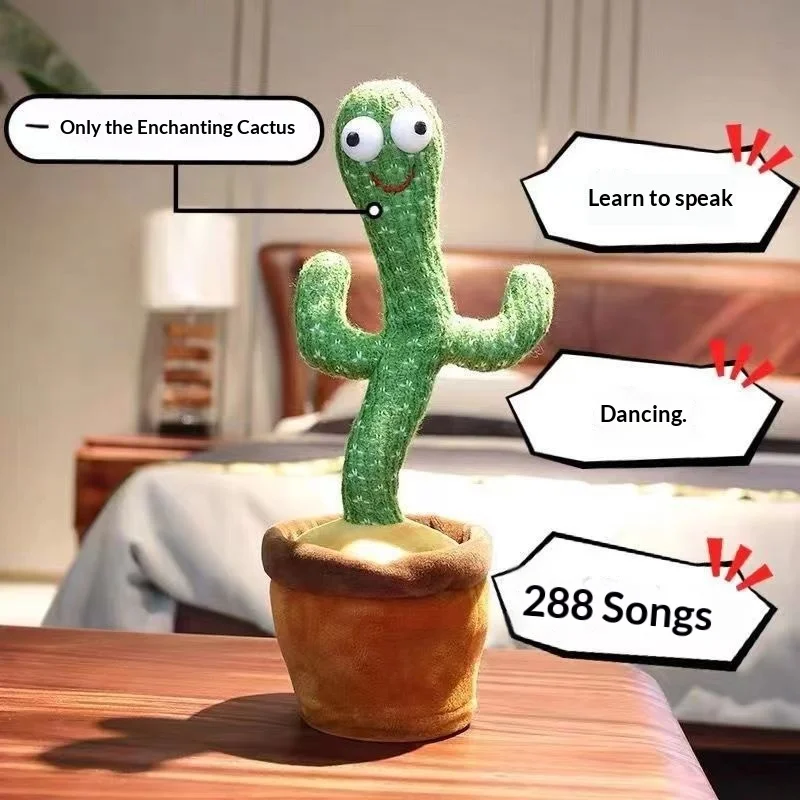 Dancing Cactus Electric Singing Repeat Speaking Plush Toy Funny Home Decor Desktop Ornament For Adult Home Office Decor