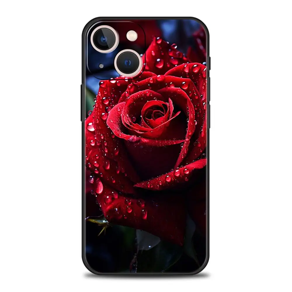 Beautiful Red Rose Flowers Luxury Phone Case For iPhone 15 16 14 13 12 mini 11 Pro Max XS X XR SE 7 8 Plus Black Cover Funda