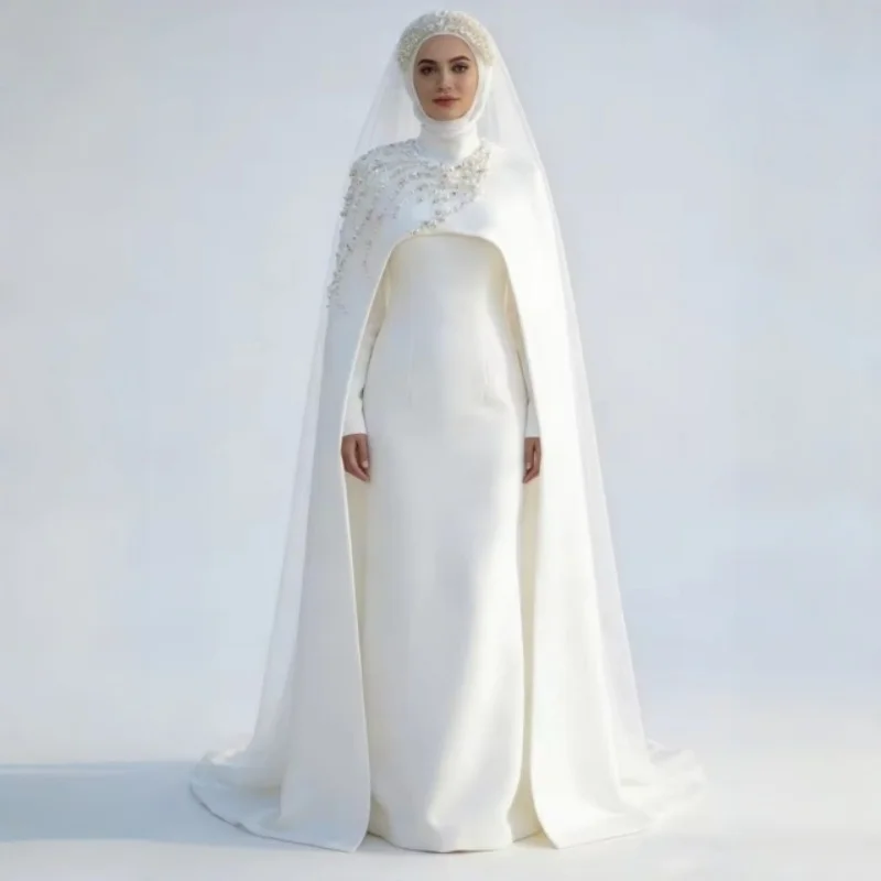 Muslim Style Wedding Dress With Long Sleeves High Collars Satin Pearl Sequins Decoration Vestido De Novia Women's White Customiz